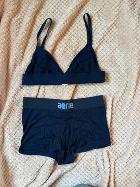 aerie Navy Triangle Bralette & Logo Boyshorts Set